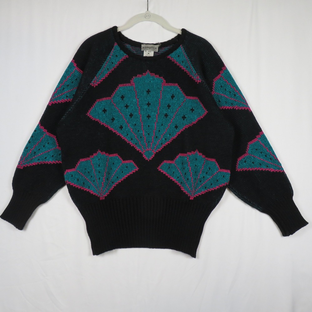 Vintage Semplice Sweater Medium Black Teal Pink Fan Pattern Wool Blend